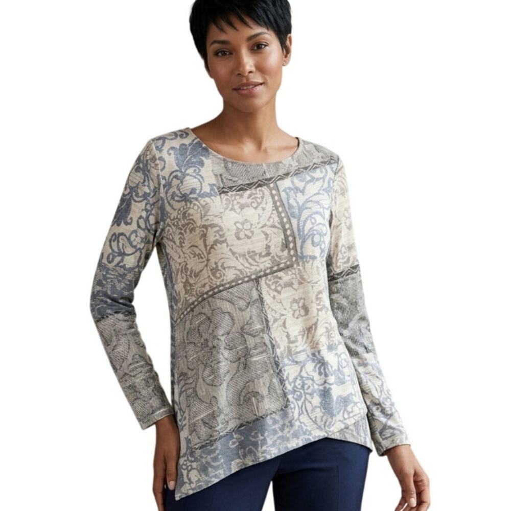 Chicos Tile Print Tee Size 3 (Womens XL) Mixed Print Patchwork Mosaic Boho Top